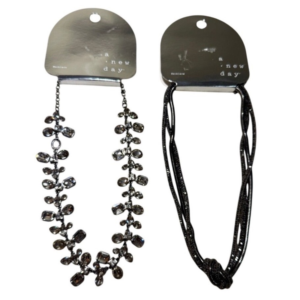 2 Necklaces Lot Gunmetal Knotted Mesh Smoky Crystal Statement Whimsigoth Grunge